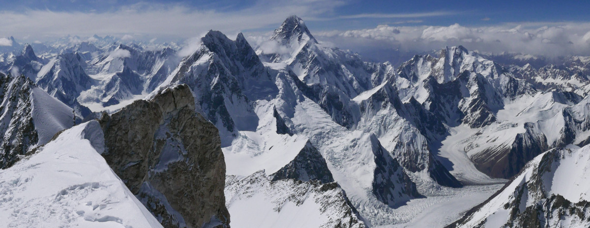 Caption View from the summit of Gashebrum 2(8035m) towards Broad Peak (8047m) and K2 (8611m, the highest mountain visible in the photo) - Photo Alex Gavan.jpg